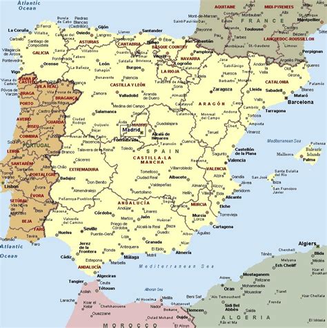 Map of Spain showing cities (Southern Europe.